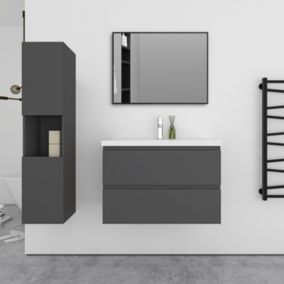 Ensemble meuble Anthracite et vasque L.80cm 2 tiroirs + colonne haut + lavabo + miroir 80x60cm