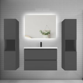 Ensemble meuble anthracite et vasque L.80cm 2 tiroirs + colonne x2 haut + lavabo + miroir 80x60cm-suspendu