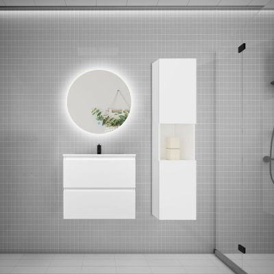 Ensemble meuble blanc et vasque L.60cm 2 tiroirs + colonne haut + lavabo + miroir 60x60cm-suspendu