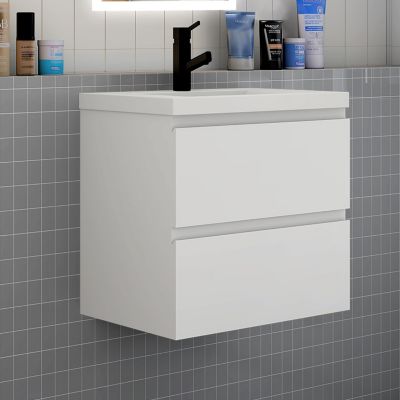 Ensemble meuble blanc et vasque L.60cm 2 tiroirs + colonne haut + lavabo + miroir 60x60cm-suspendu