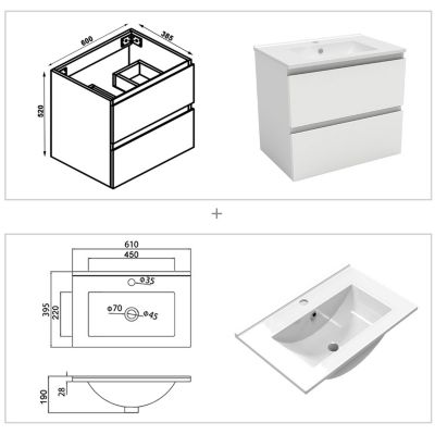 Ensemble meuble blanc et vasque L.60cm 2 tiroirs + colonne haut + lavabo + miroir 60x60cm-suspendu