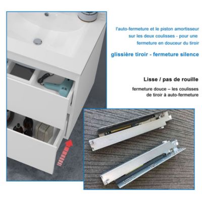 Ensemble meuble blanc et vasque L.60cm 2 tiroirs + colonne haut + lavabo + miroir 60x60cm-suspendu