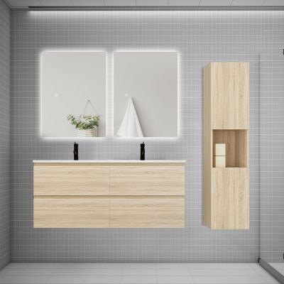 Ensemble meuble chêne et vasque L.120cm 4 tiroirs + colonne haut + lavabo + miroir 80x60cm x2-suspendu