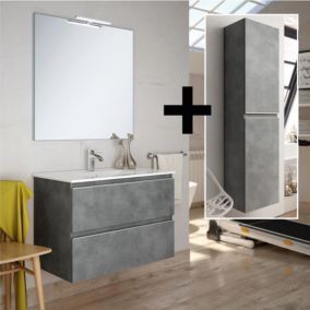 Ensemble meuble de salle de bain 100cm simple vasque + colonne de rangement - BALEA - ciment (gris)