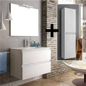 Ensemble meuble de salle de bain 100cm simple vasque + colonne de rangement - BALEA - hibernian (bois blanchi)