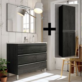 Ensemble meuble de salle de bain 100cm simple vasque + colonne de rangement PALMA - ebony (bois noir)