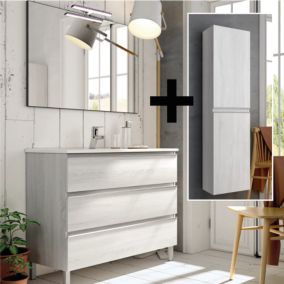 Ensemble meuble de salle de bain 100cm simple vasque + colonne de rangement PALMA - hibernian (bois blanchi)