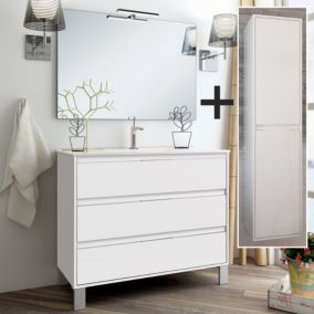 Ensemble meuble de salle de bain 100cm simple vasque + colonne de rangement TIRIS - blanc