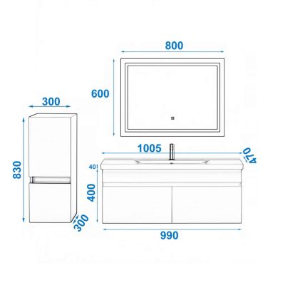 Ensemble meuble de salle de bain 100cm, vasque céramique + colonne bas + LED miroir, blanc