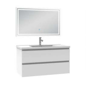 Ensemble meuble de salle de bain 100cm, vasque céramique et LED miroir mural, blanc
