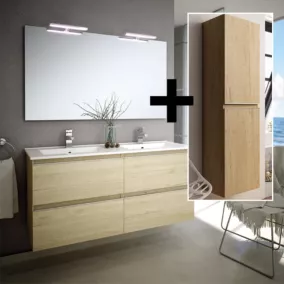 Ensemble meuble de salle de bain 120cm double vasque + colonne de rangement - BALEA - bambou (chêne clair)