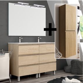 Ensemble meuble de salle de bain 120cm double vasque + colonne de rangement PALMA - bambou (chêne clair)