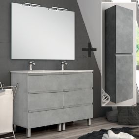 Ensemble meuble de salle de bain 120cm double vasque + colonne de rangement PALMA - ciment (gris)