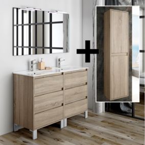 Ensemble meuble de salle de bain 120cm double vasque + colonne de rangement TIRIS - cambrian (chêne)