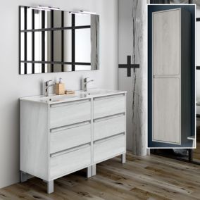 Ensemble meuble de salle de bain 120cm double vasque + colonne de rangement TIRIS - hibernian (bois blanchi)