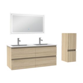 Ensemble meuble de salle de bain 120cm, vasque céramique + colonne bas + LED miroir rectangulaire, chêne
