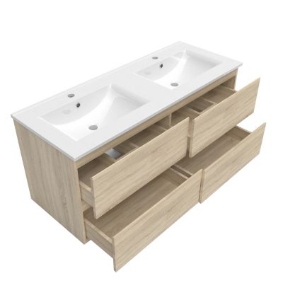 Ensemble meuble de salle de bain 120cm, vasque céramique + colonne bas + LED miroir rectangulaire, chêne