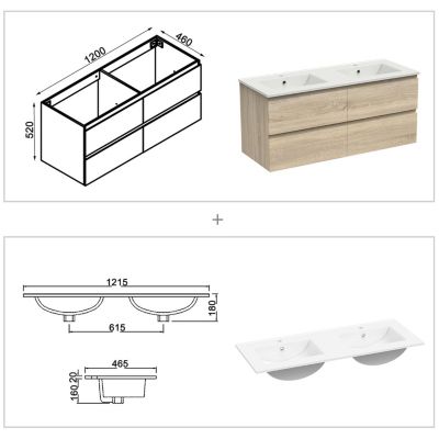 Ensemble meuble de salle de bain 120cm, vasque céramique + colonne bas + LED miroir rectangulaire, chêne