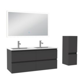 Ensemble meuble de salle de bain 120cm, vasque céramique + colonne bas + miroir lumineux, anthracite