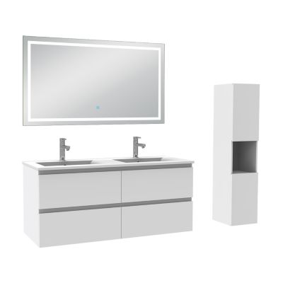 Ensemble meuble de salle de bain 120cm, vasque céramique + colonne haut + LED miroir mural, blanc
