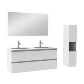 Ensemble meuble de salle de bain 120cm, vasque céramique + colonne haut + miroir lumineux, blanc