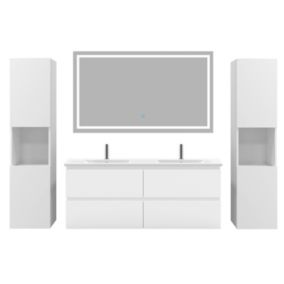 Ensemble meuble de salle de bain 120cm, vasque céramique + colonne haut x2 + LED miroir, blanc