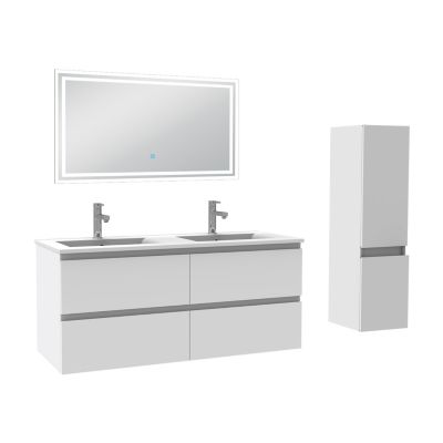 Ensemble meuble de salle de bain 120cm, vasque céramique + colonne + LED miroir rectangulaire, blanc