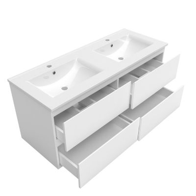 Ensemble meuble de salle de bain 120cm, vasque céramique + colonne + LED miroir rectangulaire, blanc