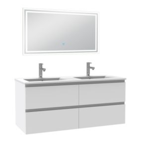 Ensemble meuble de salle de bain 120cm, vasque céramique et LED miroir mural, blanc