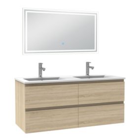 Ensemble meuble de salle de bain 120cm, vasque céramique et LED miroir mural, chêne