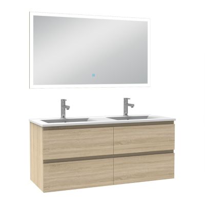 Ensemble meuble de salle de bain 120cm, vasque céramique et LED miroir rectangulaire, chêne