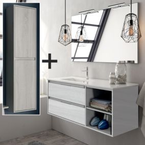 Ensemble meuble de salle de bain 120cm vasque déportée + colonne de rangement OLYMPE - hibernian (bois blanchi)