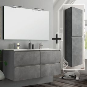 Ensemble meuble de salle de bain 140cm double vasque + colonne de rangement - BALEA - ciment (gris)