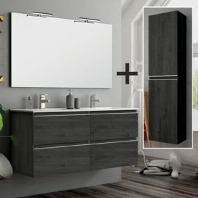 Ensemble meuble de salle de bain 140cm double vasque + colonne de rangement - BALEA - ebony (bois noir)