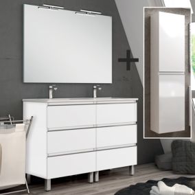 Ensemble meuble de salle de bain 140cm double vasque + colonne de rangement PALMA - blanc