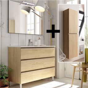 Ensemble meuble de salle de bain 60cm simple vasque + colonne de rangement PALMA - bambou (chêne clair)