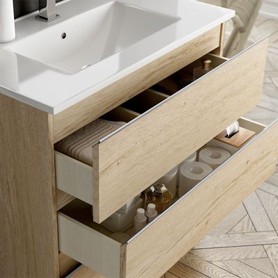 Ensemble meuble de salle de bain 60cm simple vasque + colonne de rangement PALMA - bambou (chêne clair)