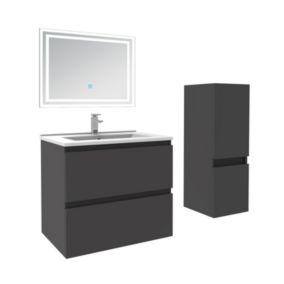 Ensemble meuble de salle de bain 60cm, vasque céramique + colonne bas + LED miroir rectangulaire, anthracite