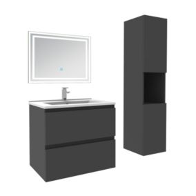 Ensemble meuble de salle de bain 60cm, vasque céramique + colonne haut + LED miroir rectangulaire, anthracite