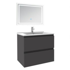 Ensemble meuble de salle de bain 60cm, vasque céramique et LED miroir mural, anthracite