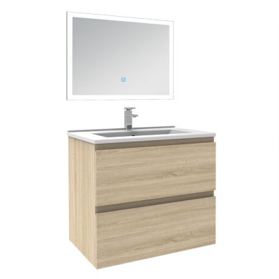 Ensemble meuble de salle de bain 60cm, vasque céramique et LED miroir rectangulaire, chêne