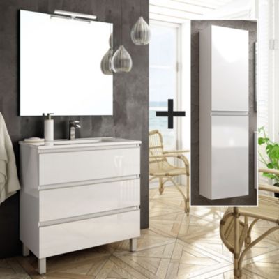 Ensemble meuble de salle de bain 80cm simple vasque + colonne de rangement PALMA - blanc