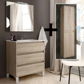 Ensemble meuble de salle de bain 80cm simple vasque + colonne de rangement TIRIS - cambrian (chêne)