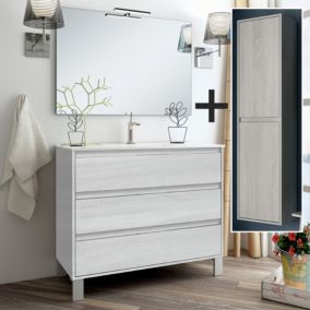 Ensemble meuble de salle de bain 80cm simple vasque + colonne de rangement TIRIS - hibernian (bois blanchi)