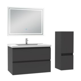 Ensemble meuble de salle de bain 80cm, vasque céramique + colonne bas + LED miroir rectangulaire, anthracite