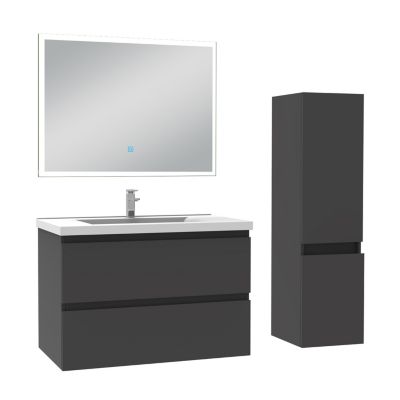 Ensemble meuble de salle de bain 80cm, vasque céramique + colonne + miroir lumineux, anthracite