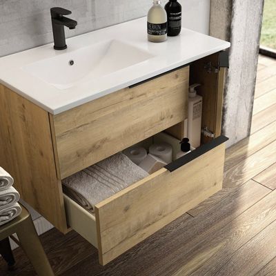 Ensemble meuble de salle de bain 80cm vasque déportée + colonne de rangement - KING - Roble (chêne clair)