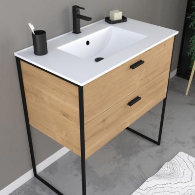 Ensemble meuble de salle de bain 80x45cm style industriel couleur chene naturel - vasque blanche