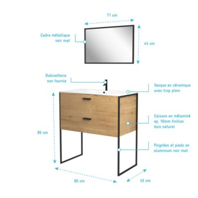 Ensemble meuble de salle de bain 80x45cm style industriel couleur chene naturel - vasque blanche