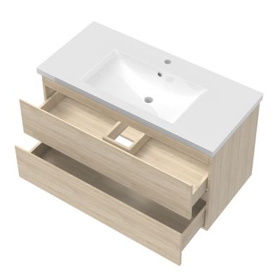 Ensemble meuble de salle de bain avec tiroirs 100cm, vasque céramique et LED miroir, chêne